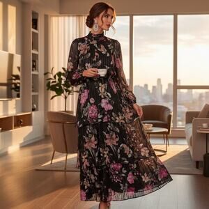 Rachel Roy Floral Tiered Long Sleeve Dress NWT US 8 UK 12 Back Button Closure